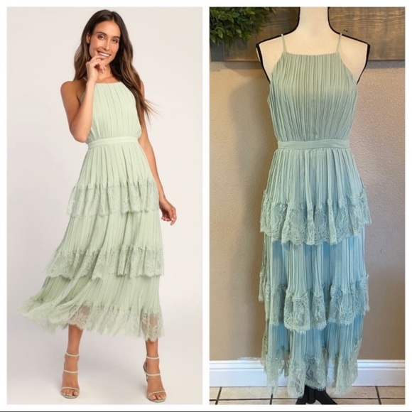 NWOT Lulus Came For Cocktails Sage Green Pleated Tiered Lace Maxi Dress - Picture 4 of 17